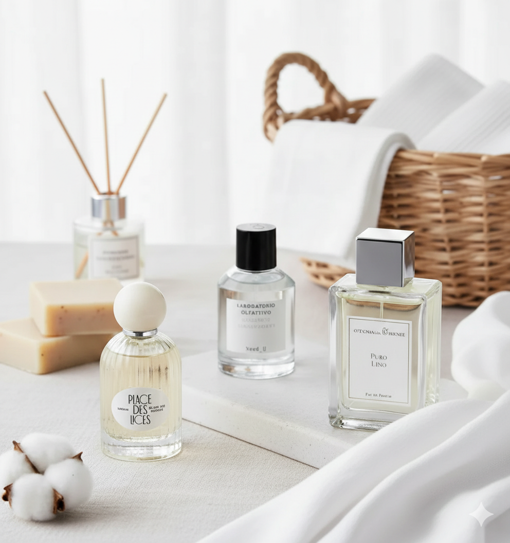 Composizione emozionale di profumi che sanno di pulito: Need_U, Puro Lino e Blanc Des Cotons su sfondo di lino bianco e cotone – L'Atelier dei Profumi Teramo.