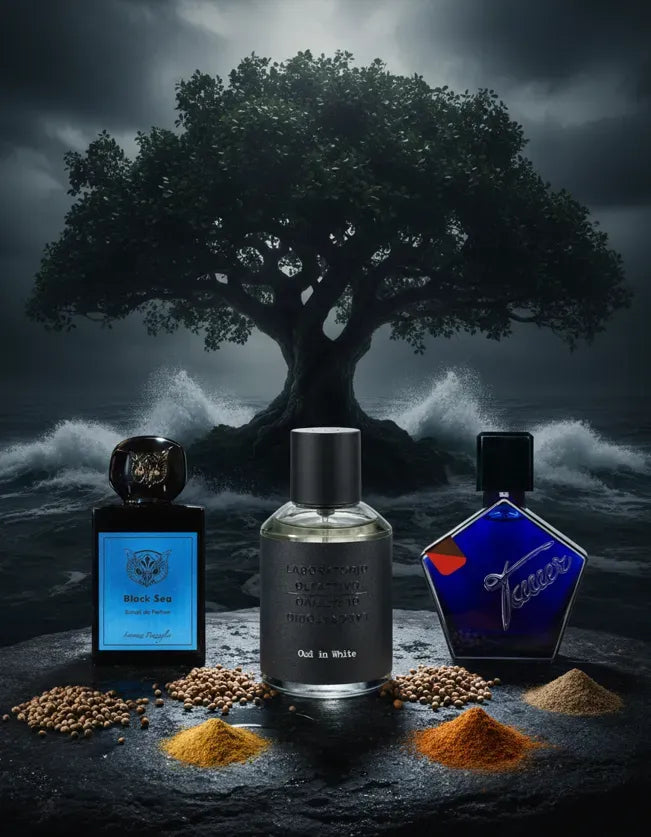 Selezione di profumi da scia intensi e persistenti: Black Sea di Lorenzo Pazzaglia, Oud in White di Laboratorio Olfattivo e Tauer su sfondo con mare in tempesta, pianta di Aquilaria e spezie – L'Atelier dei Profumi Teramo.