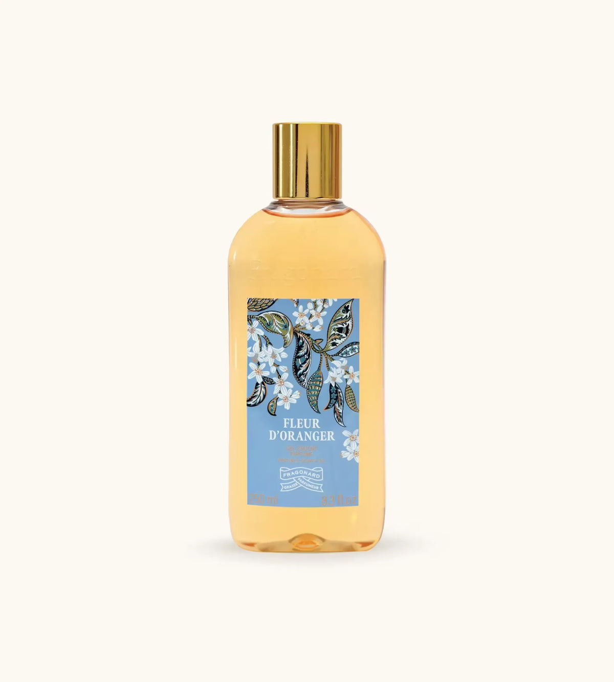 Flacone Di Gel Doccia Fragonard Fleur D Oranger Su Sfondo Con Fiori D Arancio E Agrumi.