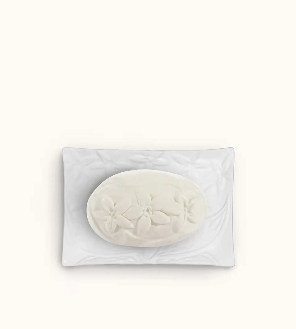 Panetto Di Sapone E Portasapone In Porcellana Fragonard Fleur D Oranger Su Sfondo Con Fiori Bianchi E Agrumi.