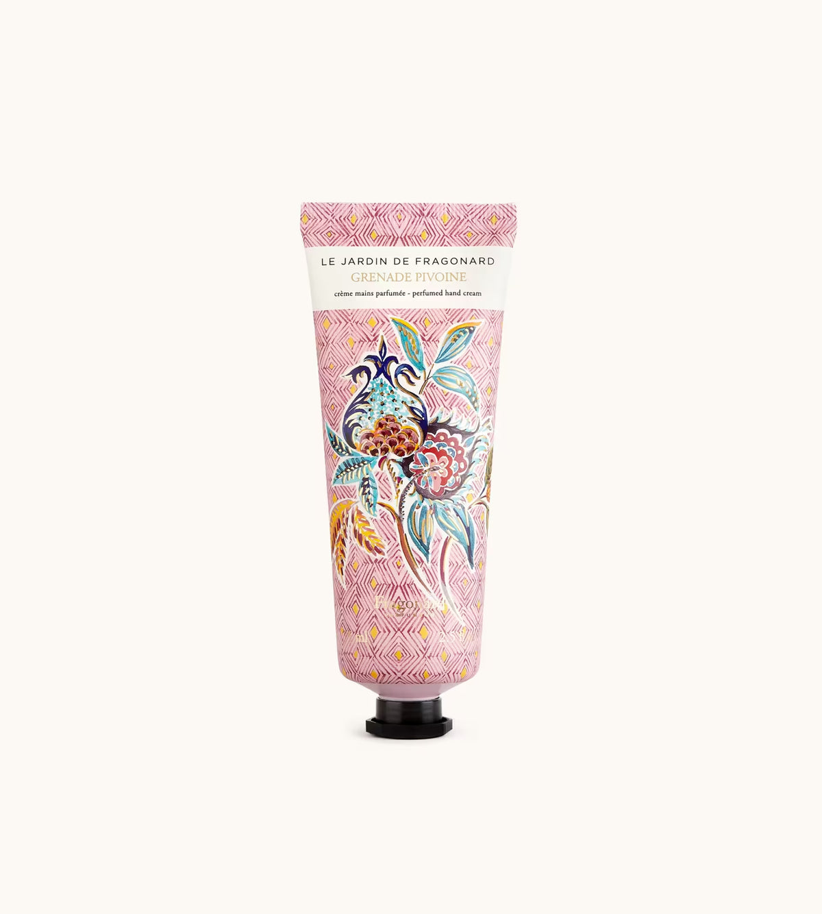 Tubetto Di Crema Mani Fragonard Grenade Pivoine Su Sfondo Con Fiori Di Peonia E Melograno.