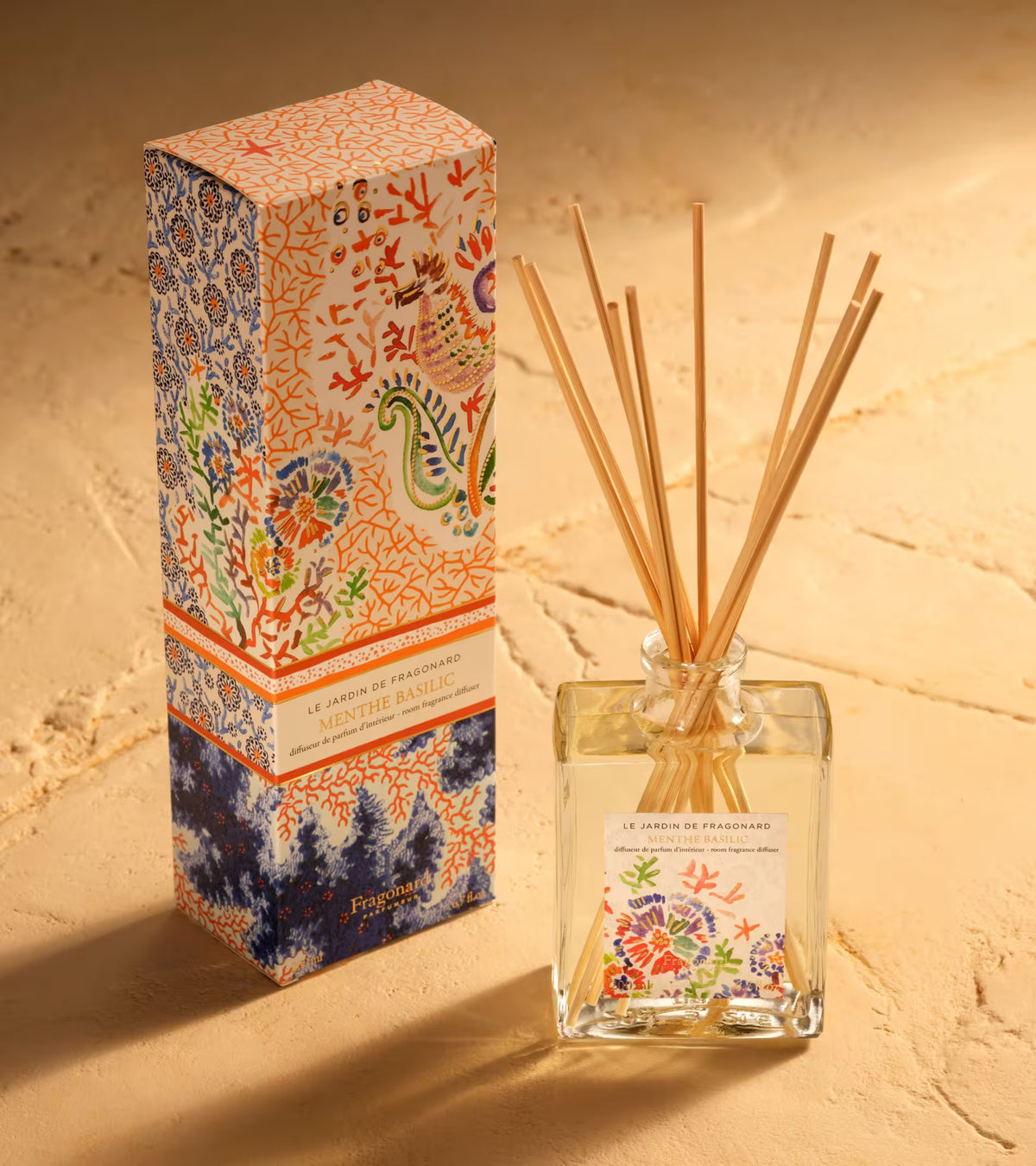 Scatola E Packaging Illustrato Del Diffusore Per Ambienti Fragonard Menthe Basilic 200 Ml.