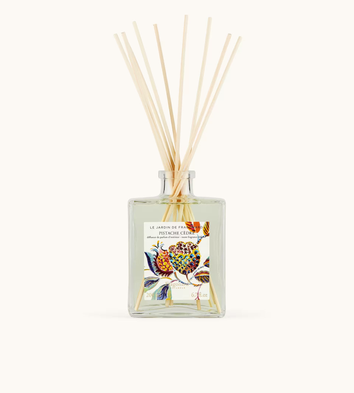 Dettaglio Del Diffusore D Ambiente Fragonard Pistache Cèdre 200 Ml Con Piramide Olfattiva Di Pistacchio E Legno Di Cedro.