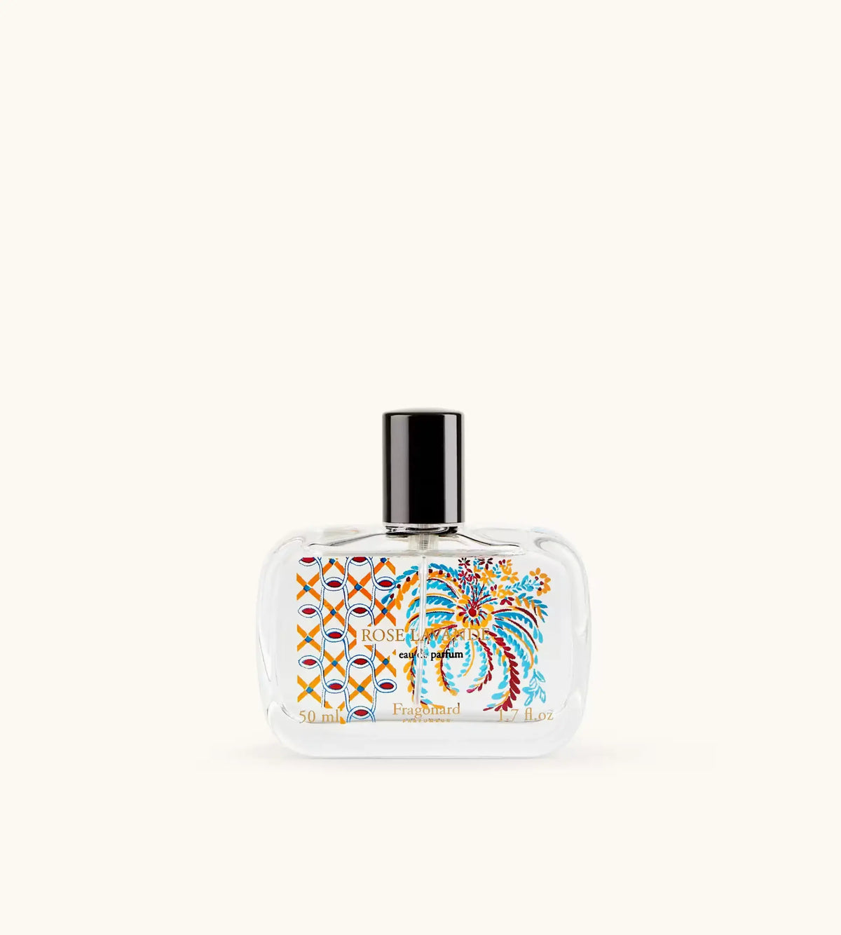 Flacone Di Profumo Fragonard Rose Lavande Eau De Parfum 50 Ml Su Sfondo Con Fiori Di Rosa E Lavanda.