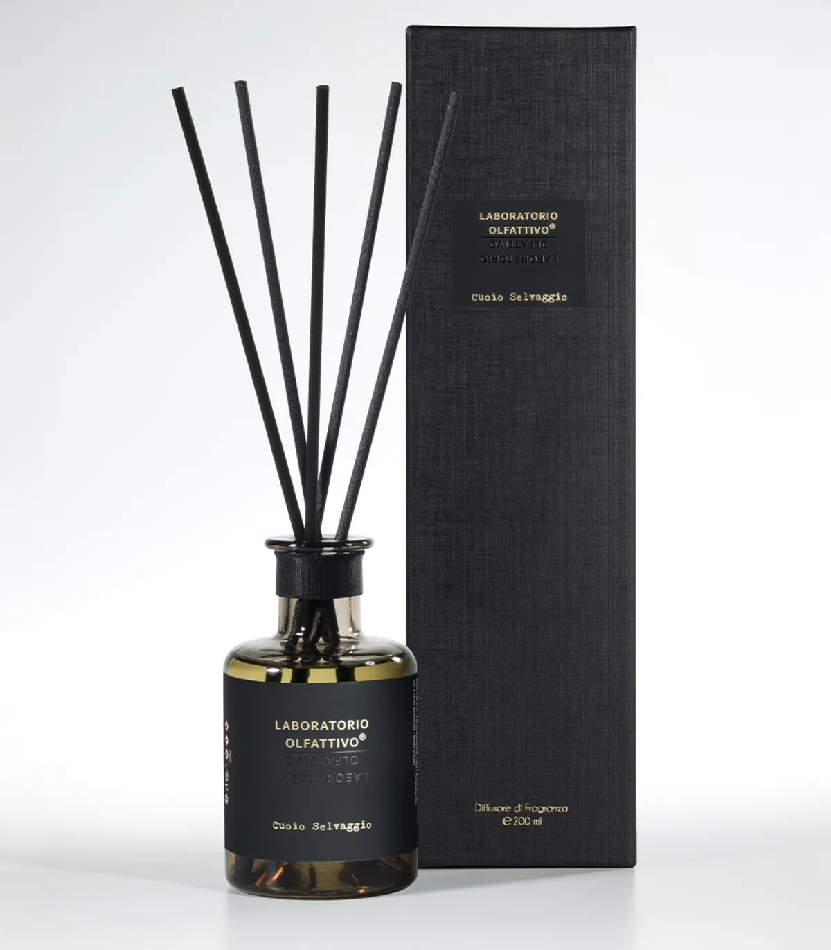 Diffusore Ambiente Cuoio Selvaggio Laboratorio Olfattivo flacone e scatola con midollini - L'Atelier dei Profumi