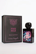 Flacone di profumo Pink Milk di Lorenzo Pazzaglia, design artistico con dettagli rosa e neri | L'Atelier dei Profumi