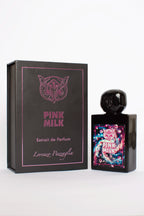 Flacone di profumo Pink Milk di Lorenzo Pazzaglia, design artistico con dettagli rosa e neri | L'Atelier dei Profumi