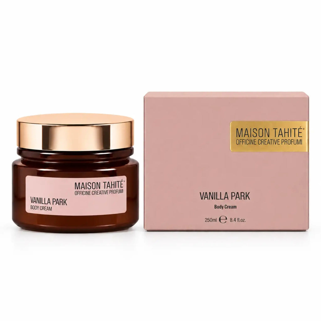 Scatola E Packaging Sostenibile Del Prodotto Maison Tahite Body Cream Vanilla Park 250 Ml.