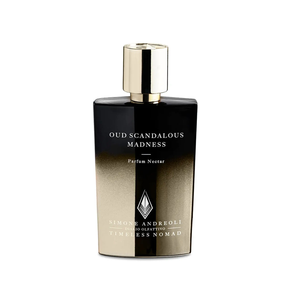 Flacone Di Profumo Simone Andreoli Oud Scandalous Madness Extrait De Parfum 50 Ml Su Sfondo Lussuoso E Intenso.
