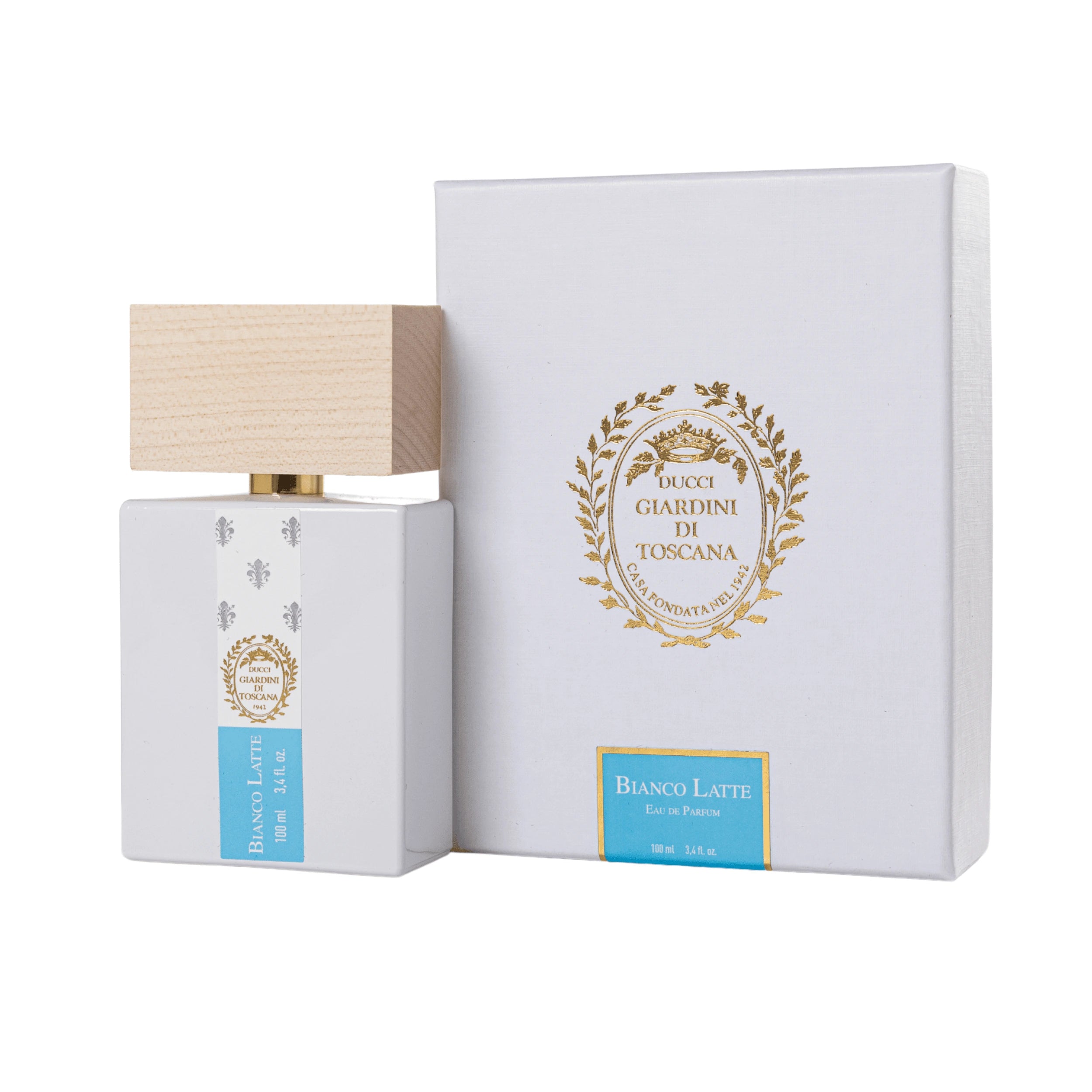  Il flacone di Bianco Latte Giardini di Toscana Eau de Parfum posizionato accanto alla sua scatola / confezione ufficiale da esposizione. | L'Atelier Dei Profumi