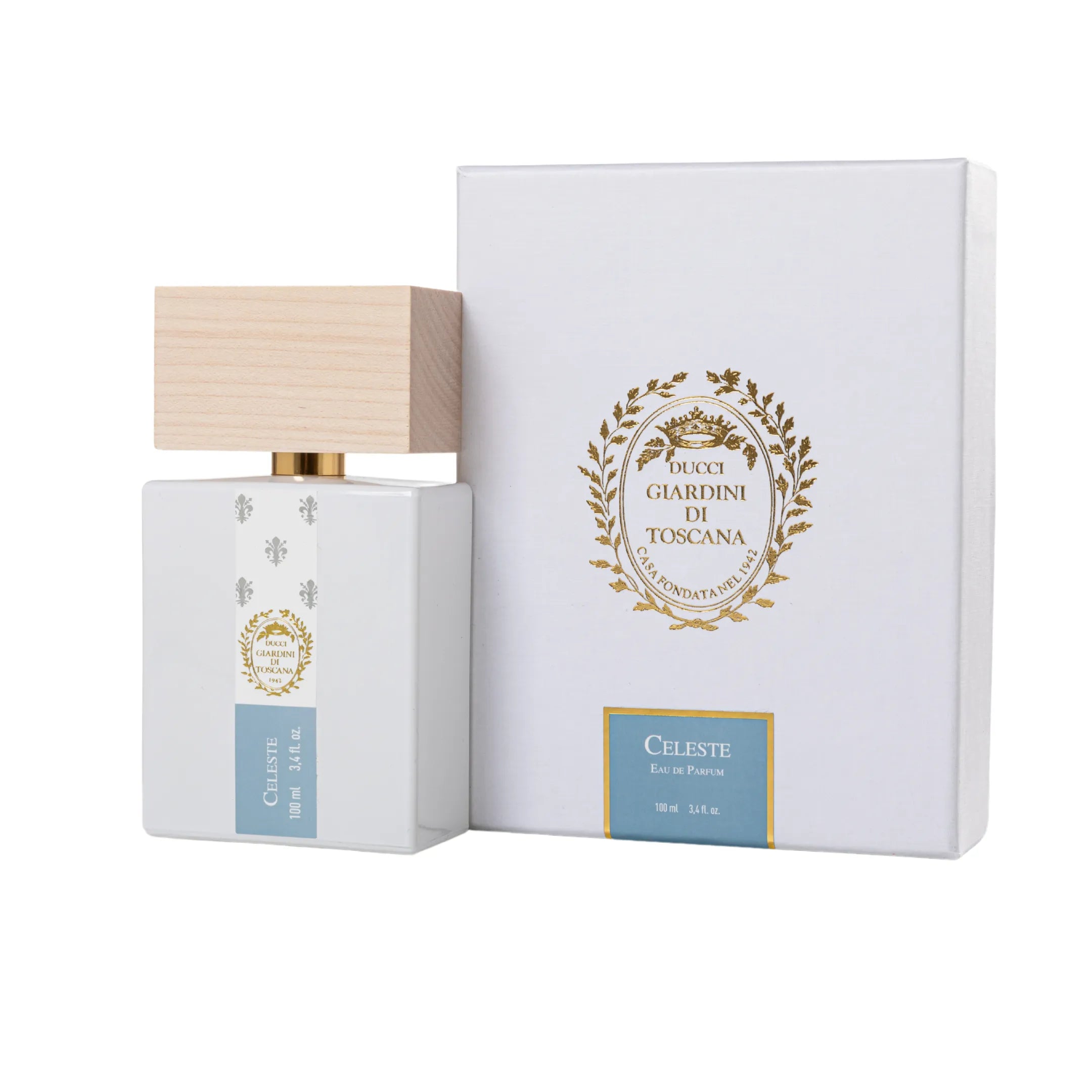 Il flacone di Celeste Giardini di Toscana Eau de Parfum posizionato accanto alla sua scatola / confezione ufficiale da esposizione. | L'Atelier Dei Profumi