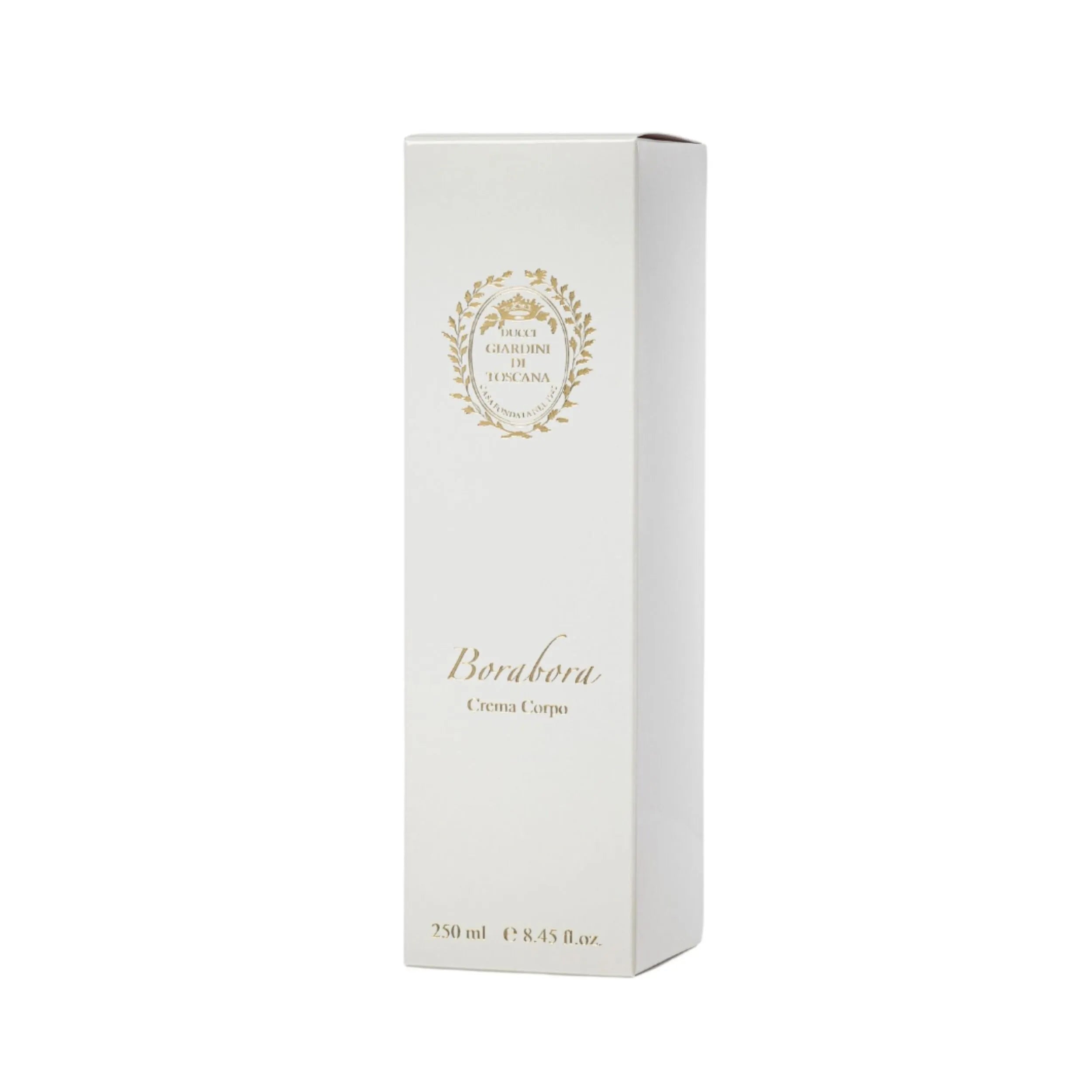 Confezione originale e packaging della lussuosa Body Cream BoraBora Giardini di Toscana | L'Atelier dei Profumi