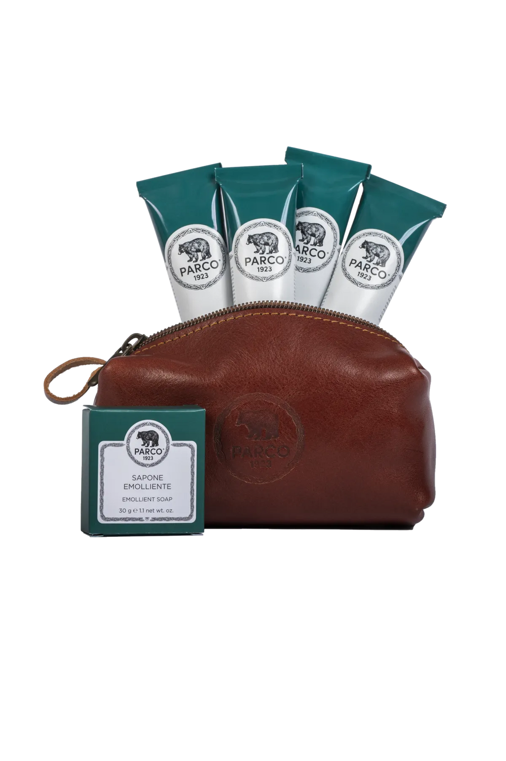 Contenuto del Travel Kit Parco 1923 su sfondo bianco - Rivenditore Autorizzato - Acquista in boutique a Teramo o online.