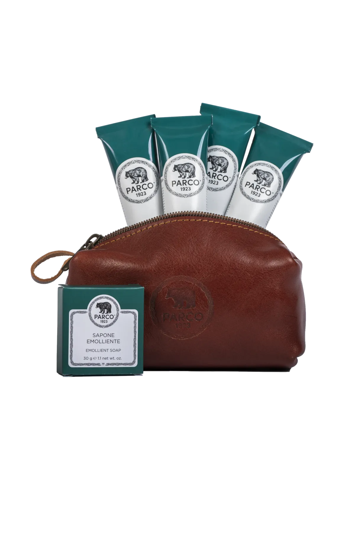 Contenuto del Travel Kit Parco 1923 su sfondo bianco - Rivenditore Autorizzato - Acquista in boutique a Teramo o online.