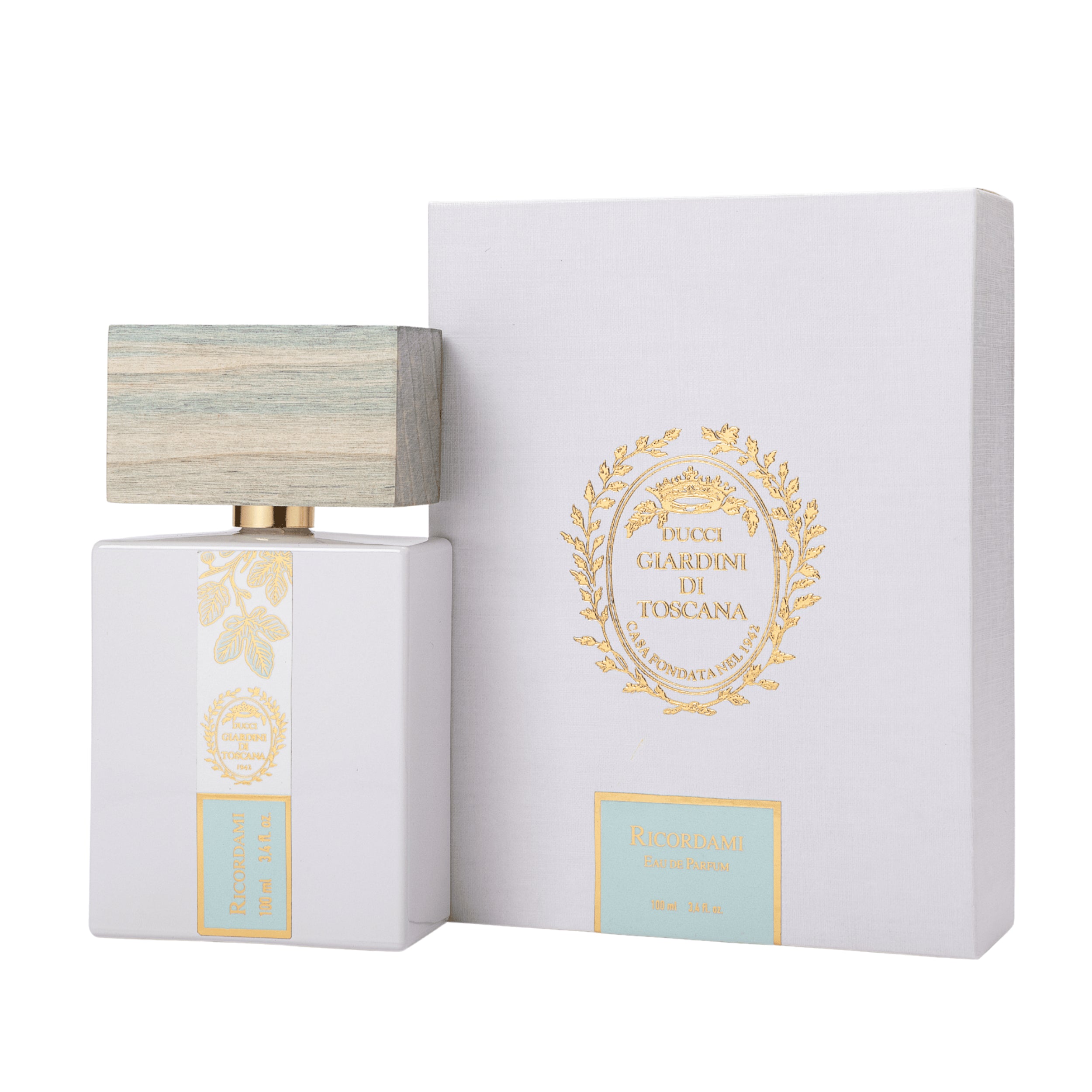 Il flacone di Ricordami Giardini di Toscana Eau de Parfum posizionato accanto alla sua scatola / confezione ufficiale da esposizione. | L'Atelier Dei Profumi