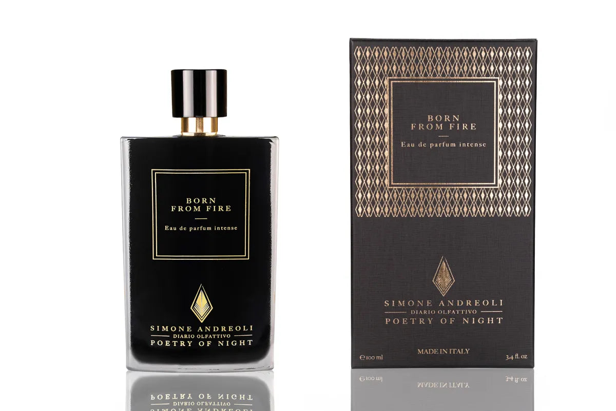 Simone Andreoli Born From Fire con packaging ufficiale: profumo alla vaniglia nera e oud - Boutique Teramo